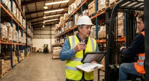 Técnico en logística supervisando bodega en Chile
